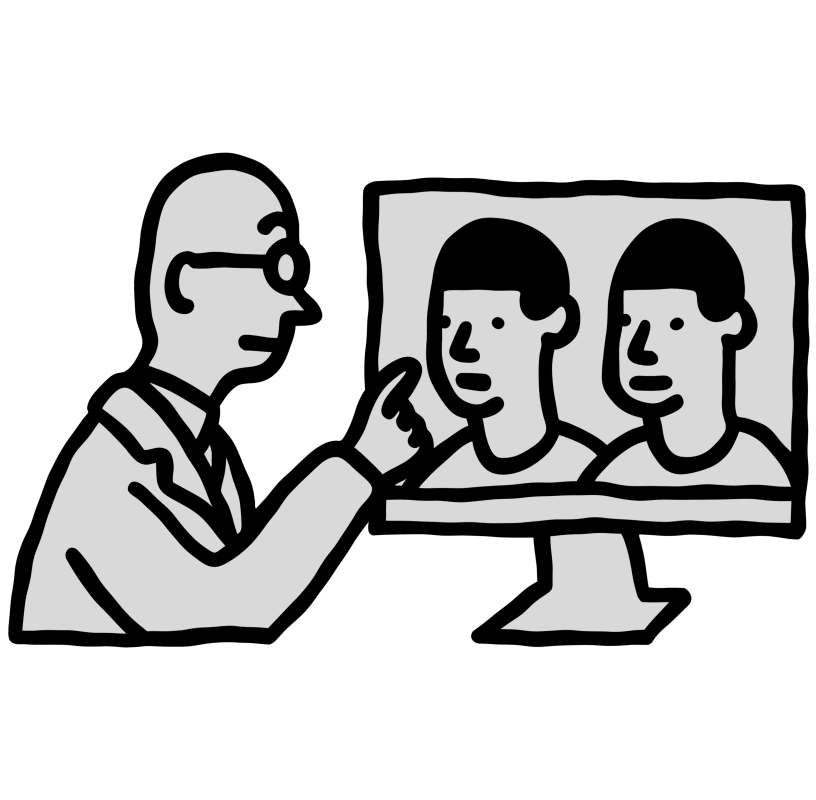 Scientist pointing at screen showing digital twins