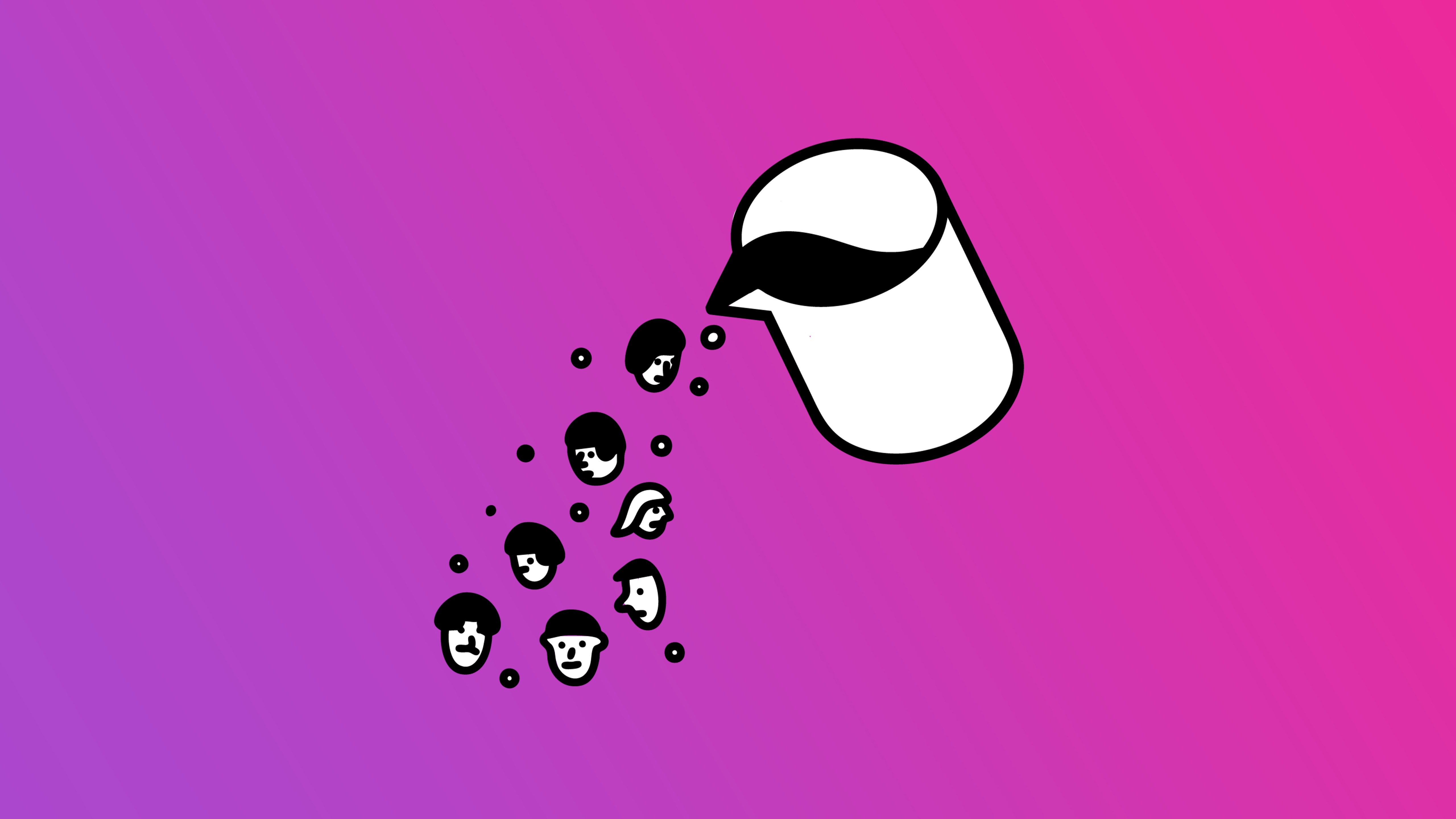 Cartoon faces pour out of a beaker.