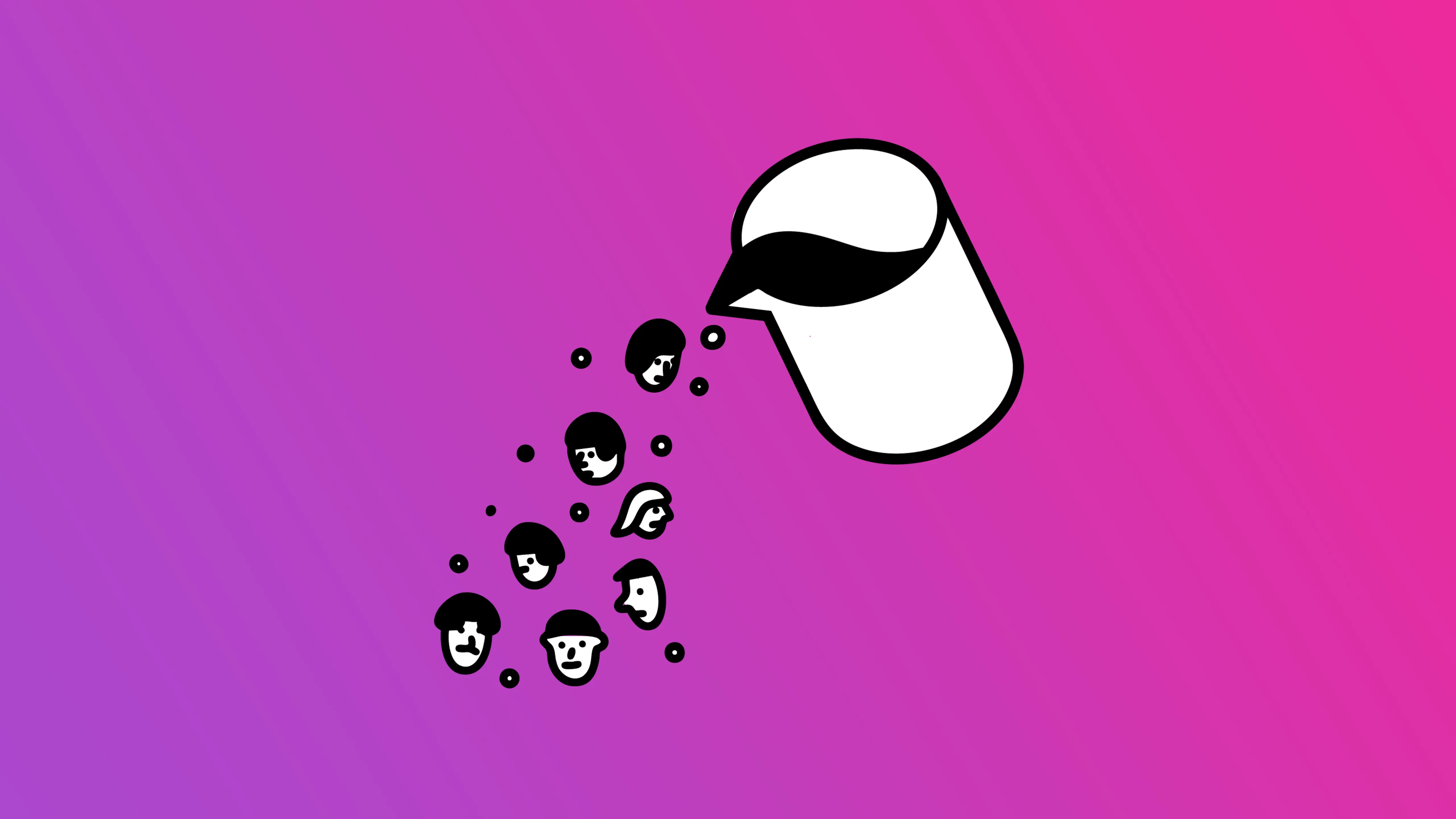 Cartoon faces pour out of a beaker.